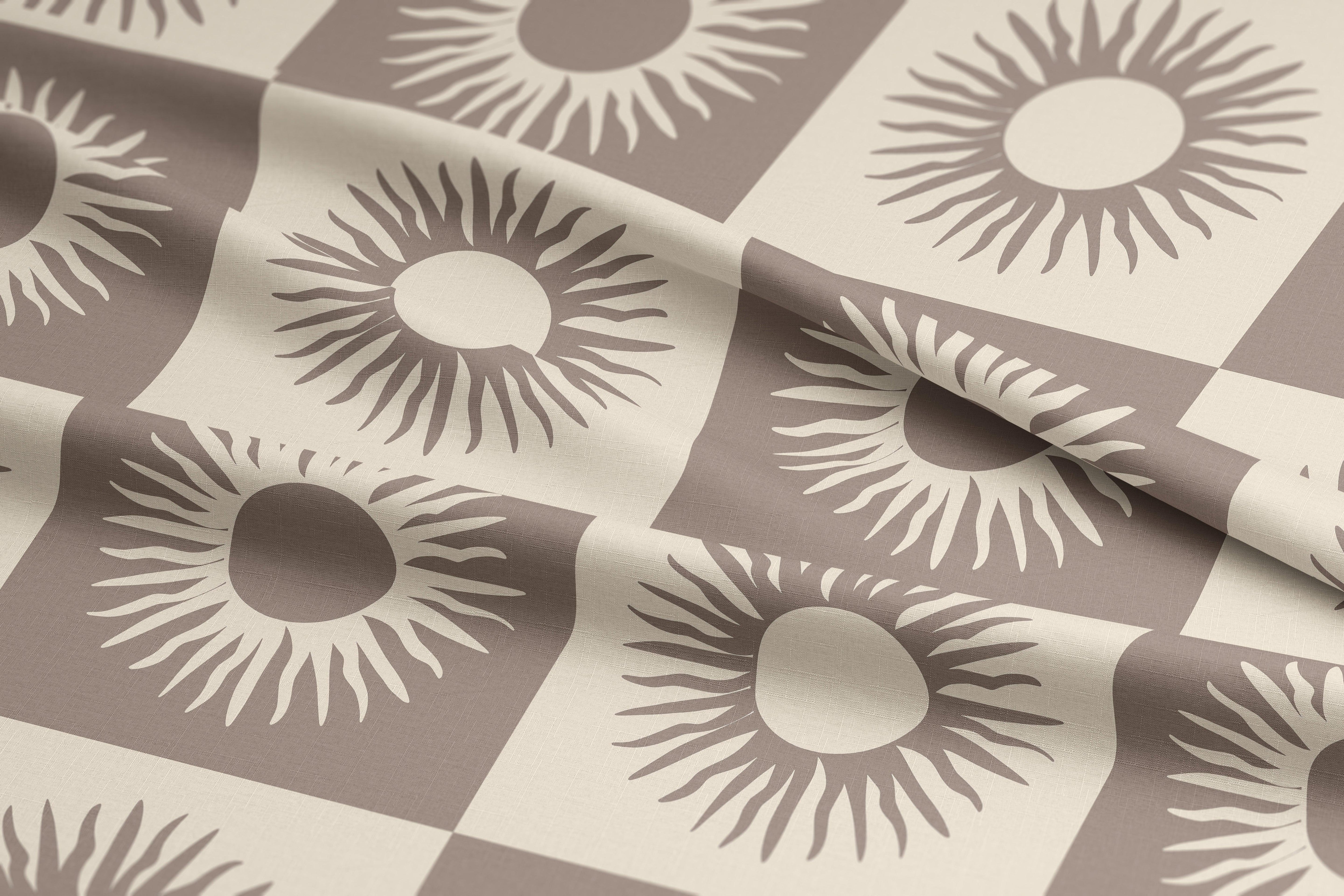 Patchwork Suns-Art Print Fabric-Melco Fabrics-Tofu and Chocolate-Cotton Poplin (110gsm)-Online-Fabric-Shop-Australia