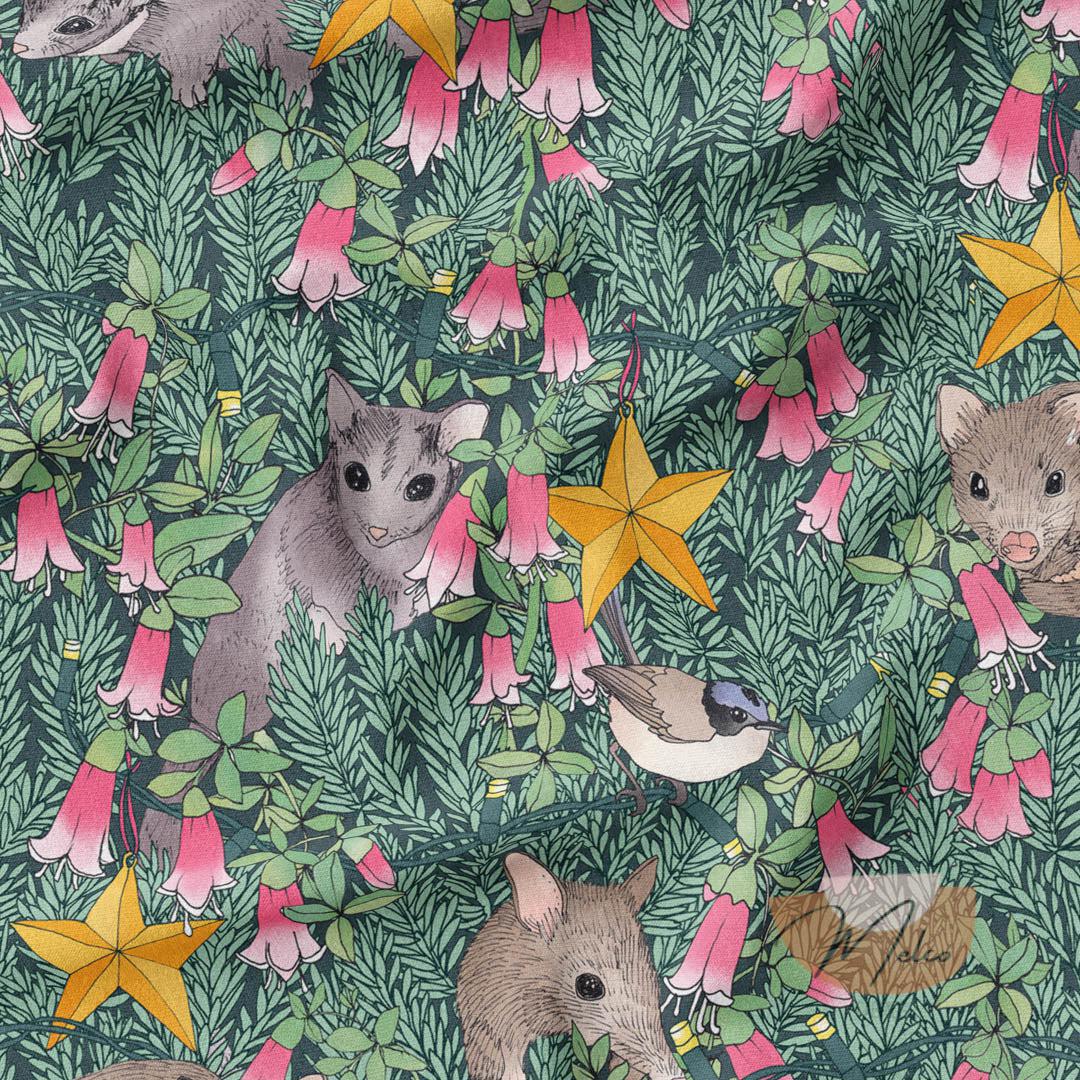 melco-fabrics-online-fabric-store-print-on-demand-australia-Bush Baby Dark Green Christmas Fabric - The Scenic Route