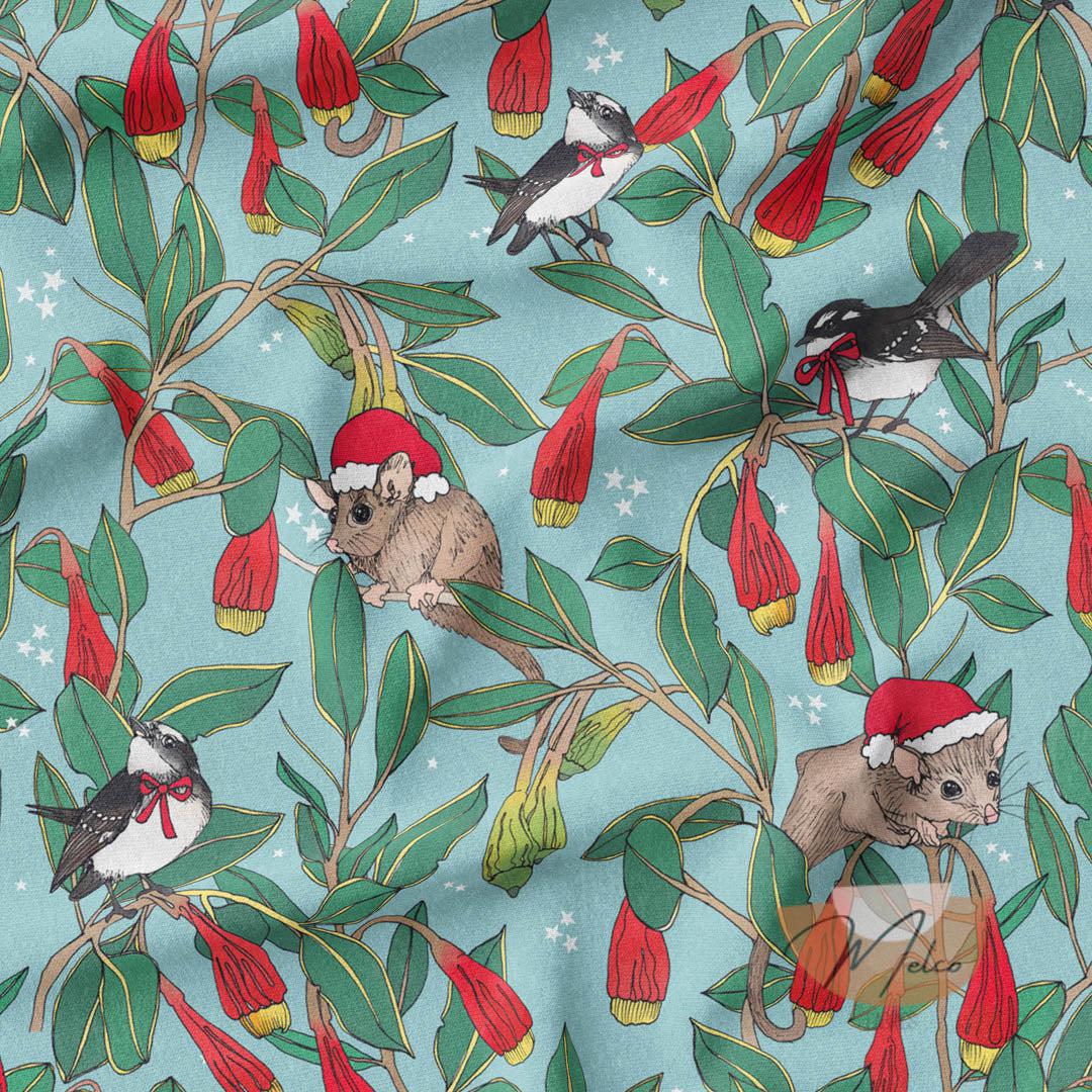 melco-fabrics-online-fabric-store-print-on-demand-australia-Festive Forest Light Blue Christmas Fabric - The Scenic Route