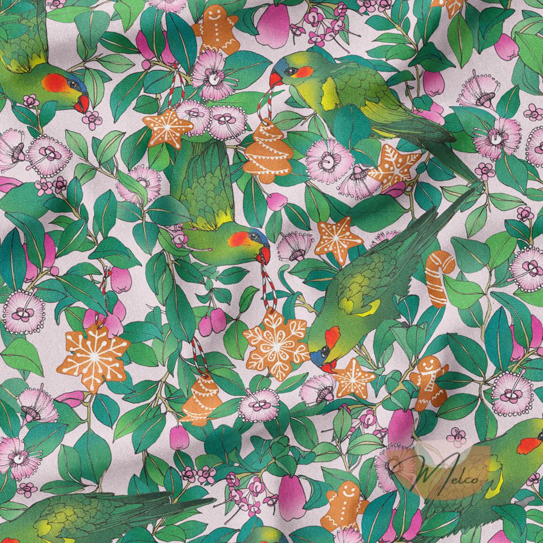 melco-fabrics-online-fabric-store-print-on-demand-australia-Lillipili and Lorikeet Pale Pink Christmas Fabric - The Scenic Route