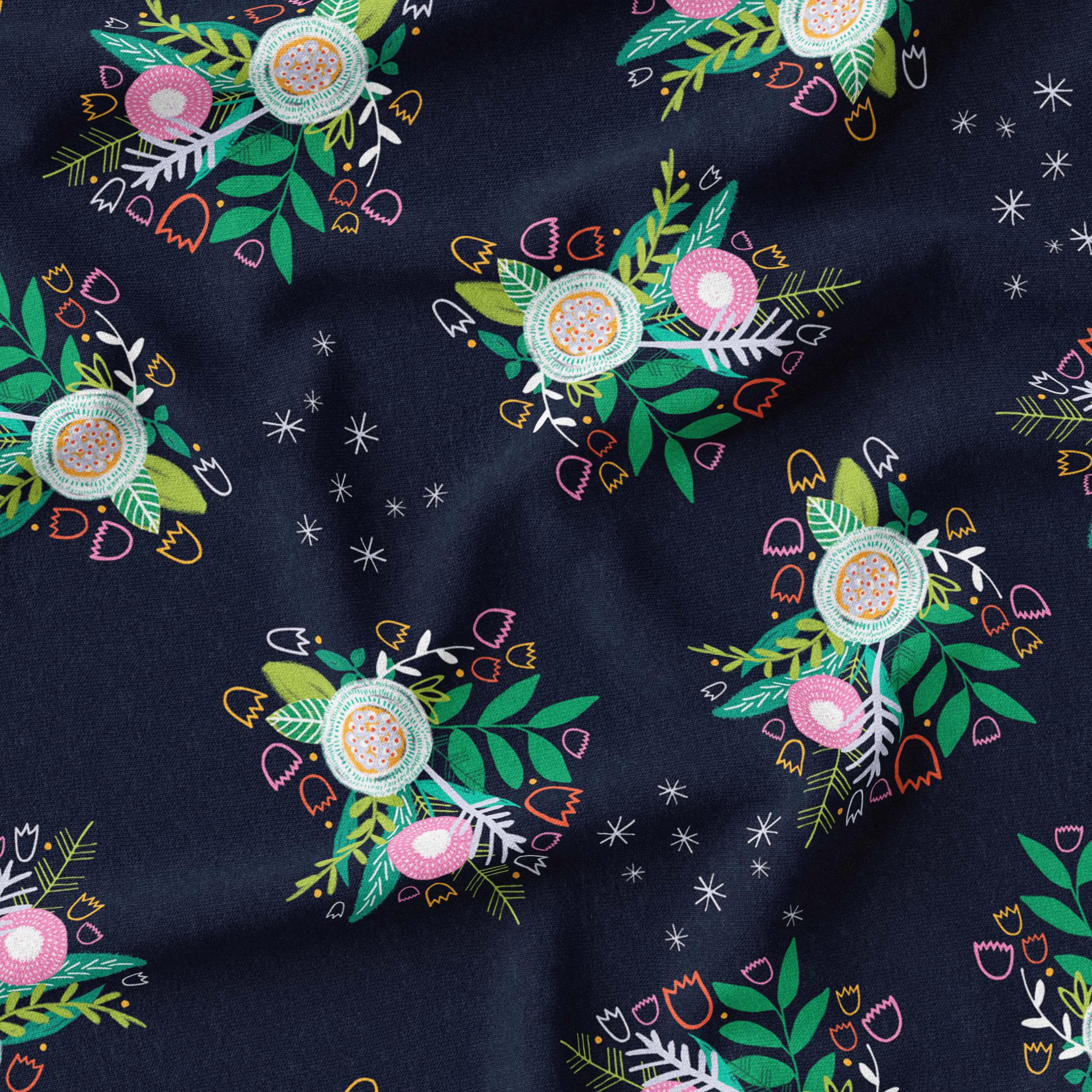 Vibrant floral pattern on dark blue background, available in woven and knit, printed on demand in Australia, Ethical Clothing Australia certified