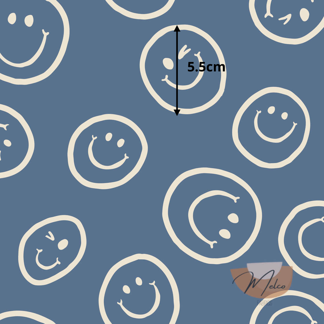 Smiley faces (dusty blue ) - Melco Fabrics