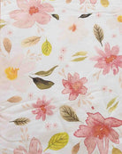 Floral pattern with pink flowers and green leaves on a white background