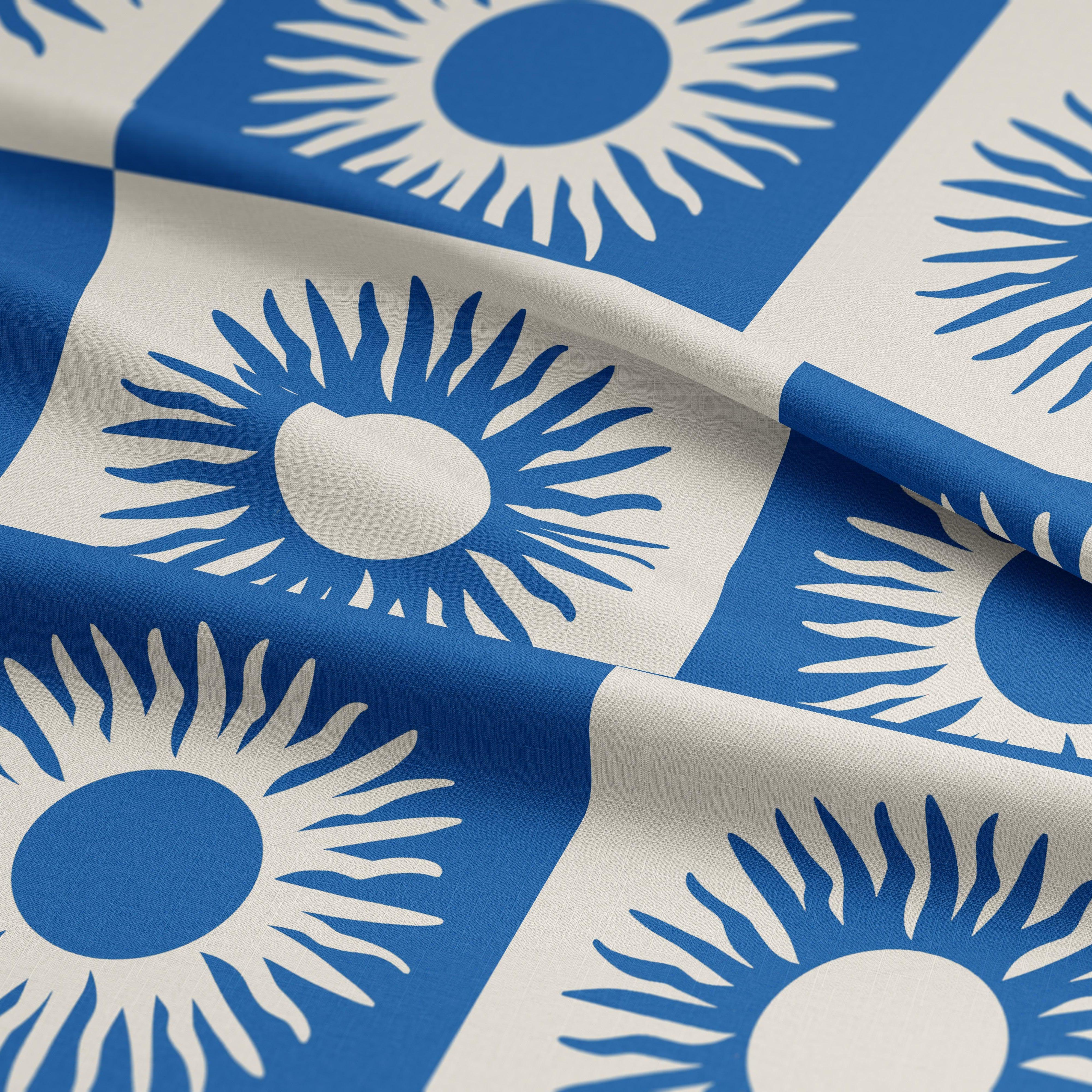 Patchwork Suns-Art Print Fabric-Melco Fabrics-Blue and Tofu-Cotton Poplin (110gsm)-Online-Fabric-Shop-Australia