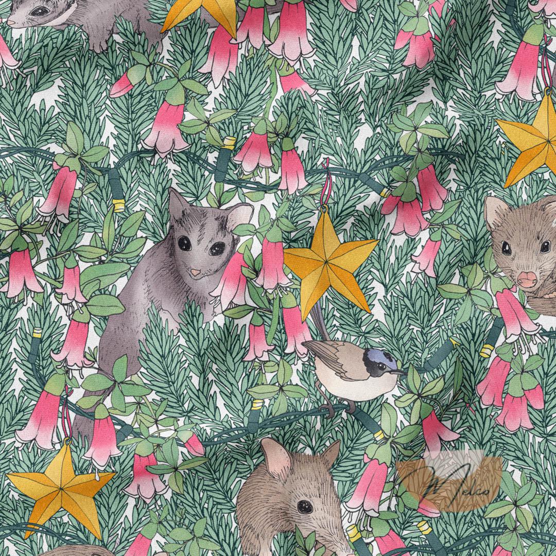 melco-fabrics-online-fabric-store-print-on-demand-australia-Bush Baby White Christmas Fabric - The Scenic Route