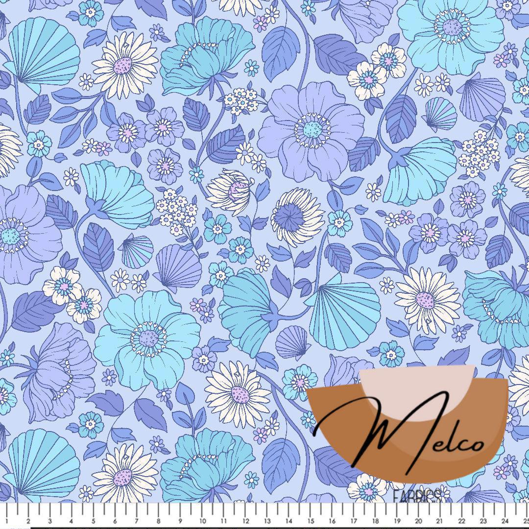 Daisy Shell Floral Blue-Melco Fabrics-online-fabric-shop-australia