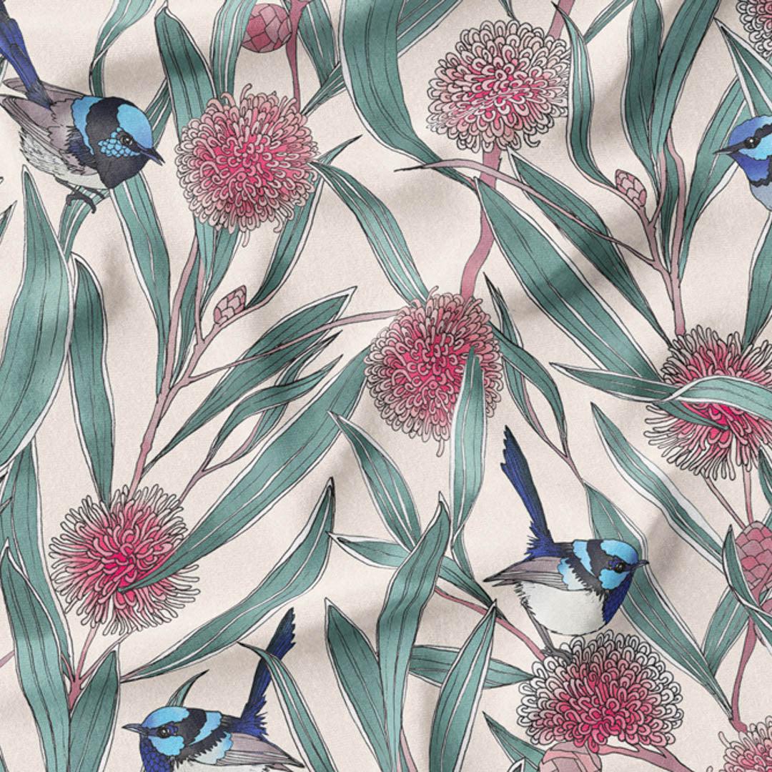 melco-fabrics-online-fabric-store-print-on-demand-australia-Fairy Wrens and Hakea- The Scenic Route