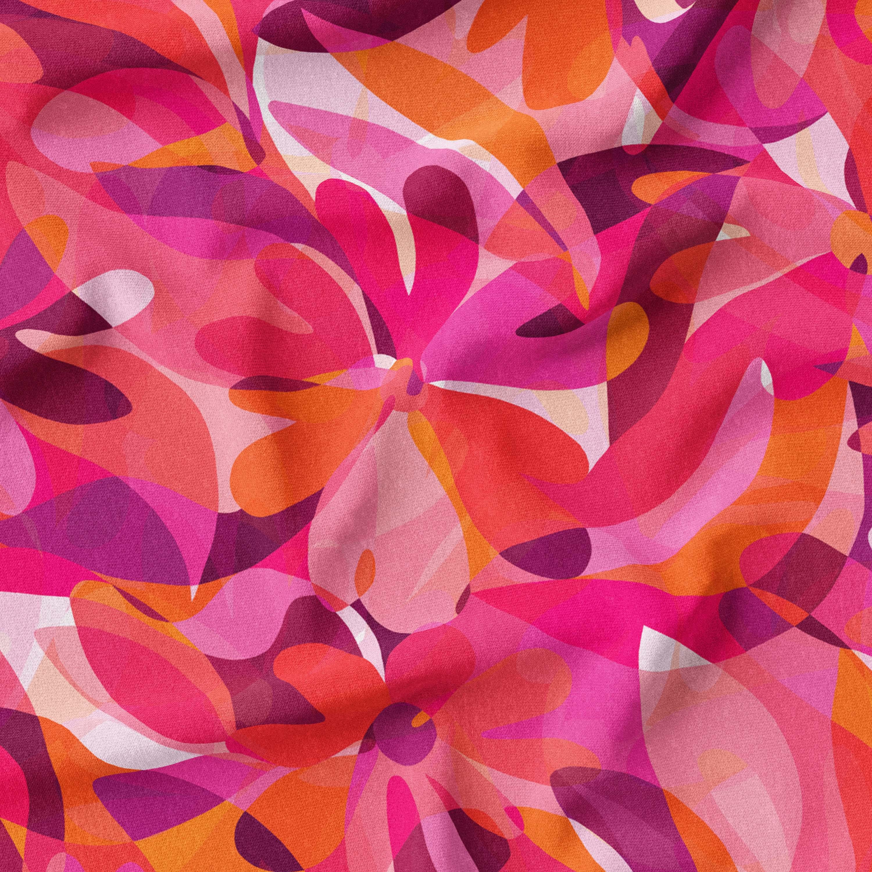 Best-selling 'Fireside' fabric with a vibrant blend of red, pink, and orange abstract floral patterns, available for custom print