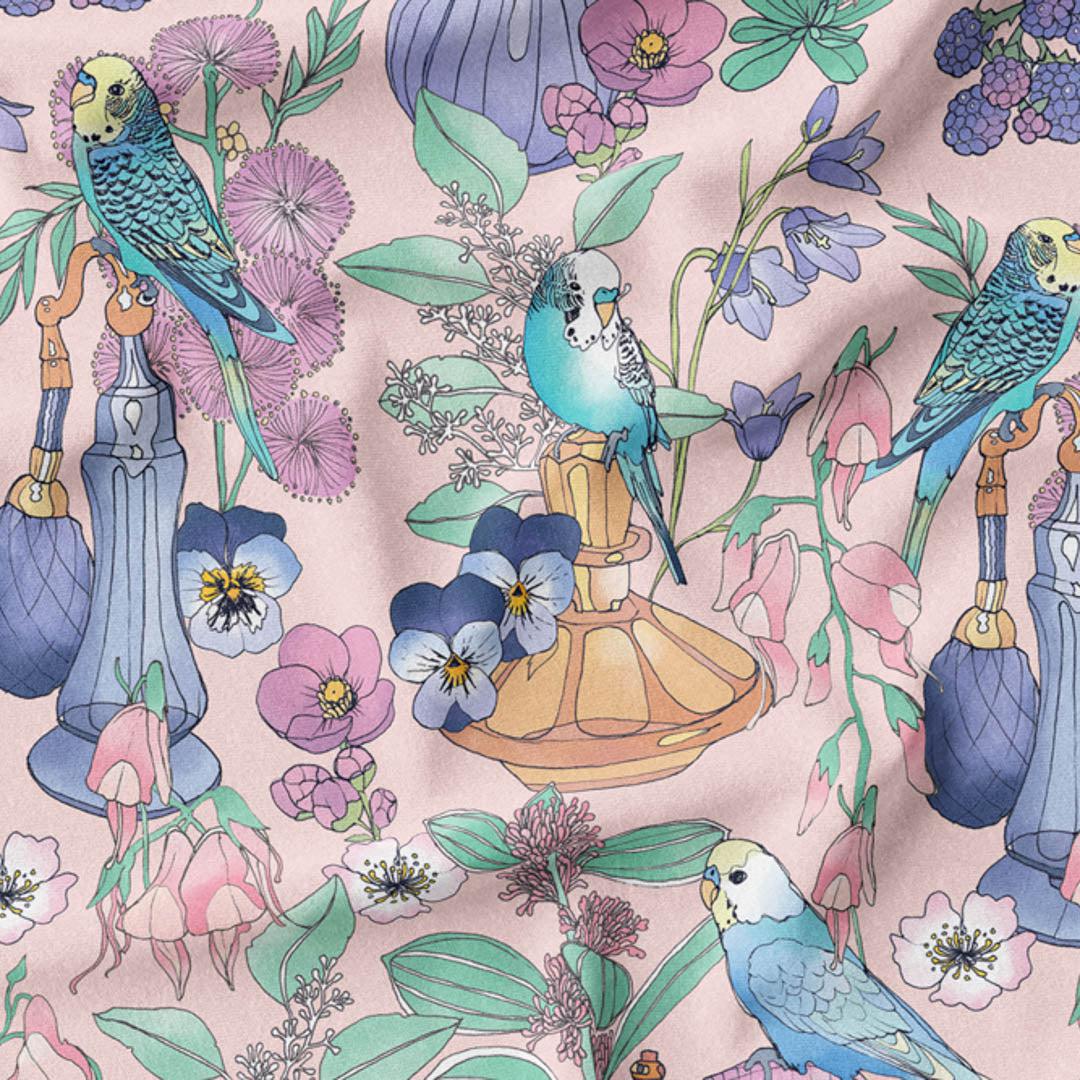 melco-fabrics-online-fabric-store-print-on-demand-australia-Vintage Budgies Pink - The Scenic Route