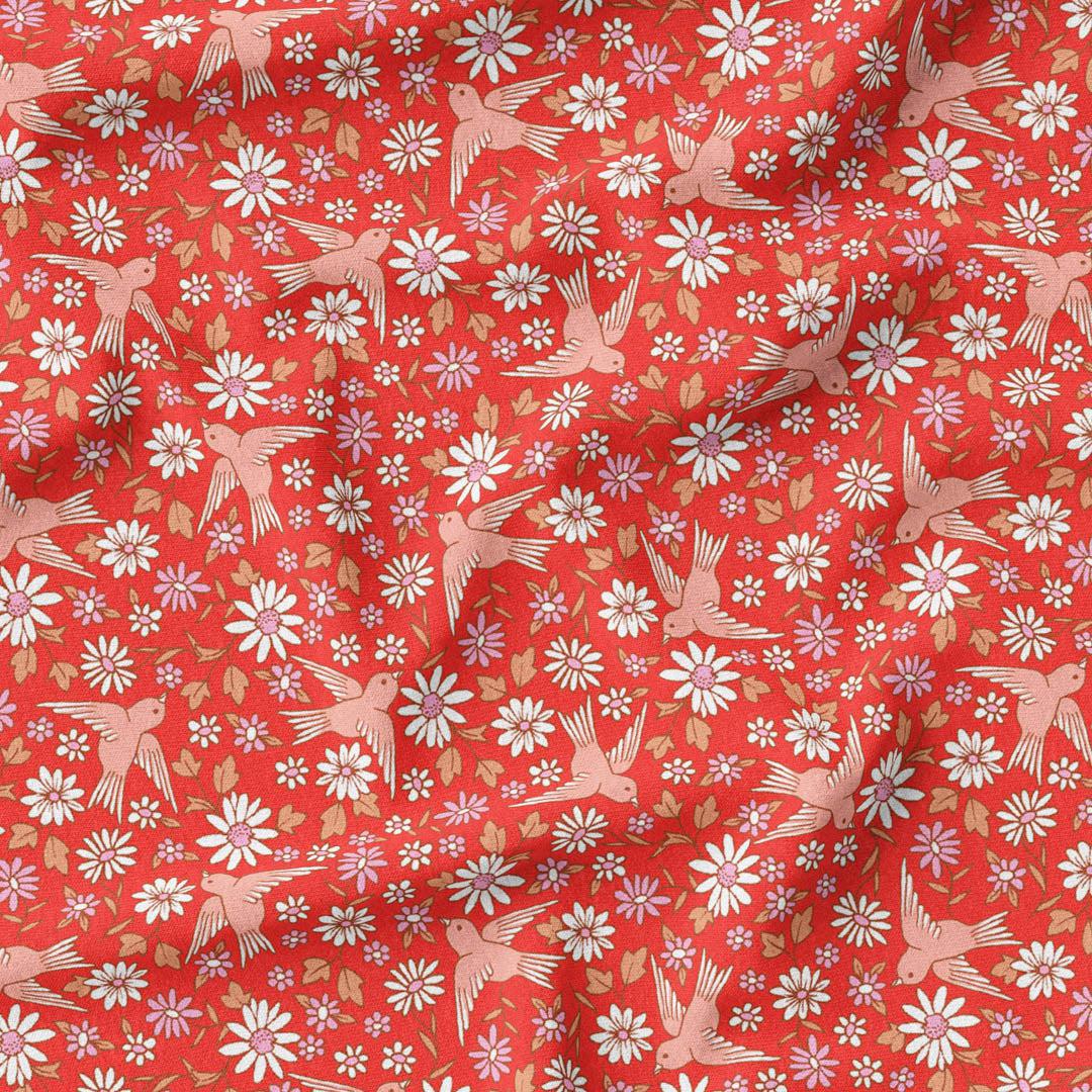 Little Birdie Floral - Red-Melco Fabrics-online-fabric-shop-australia