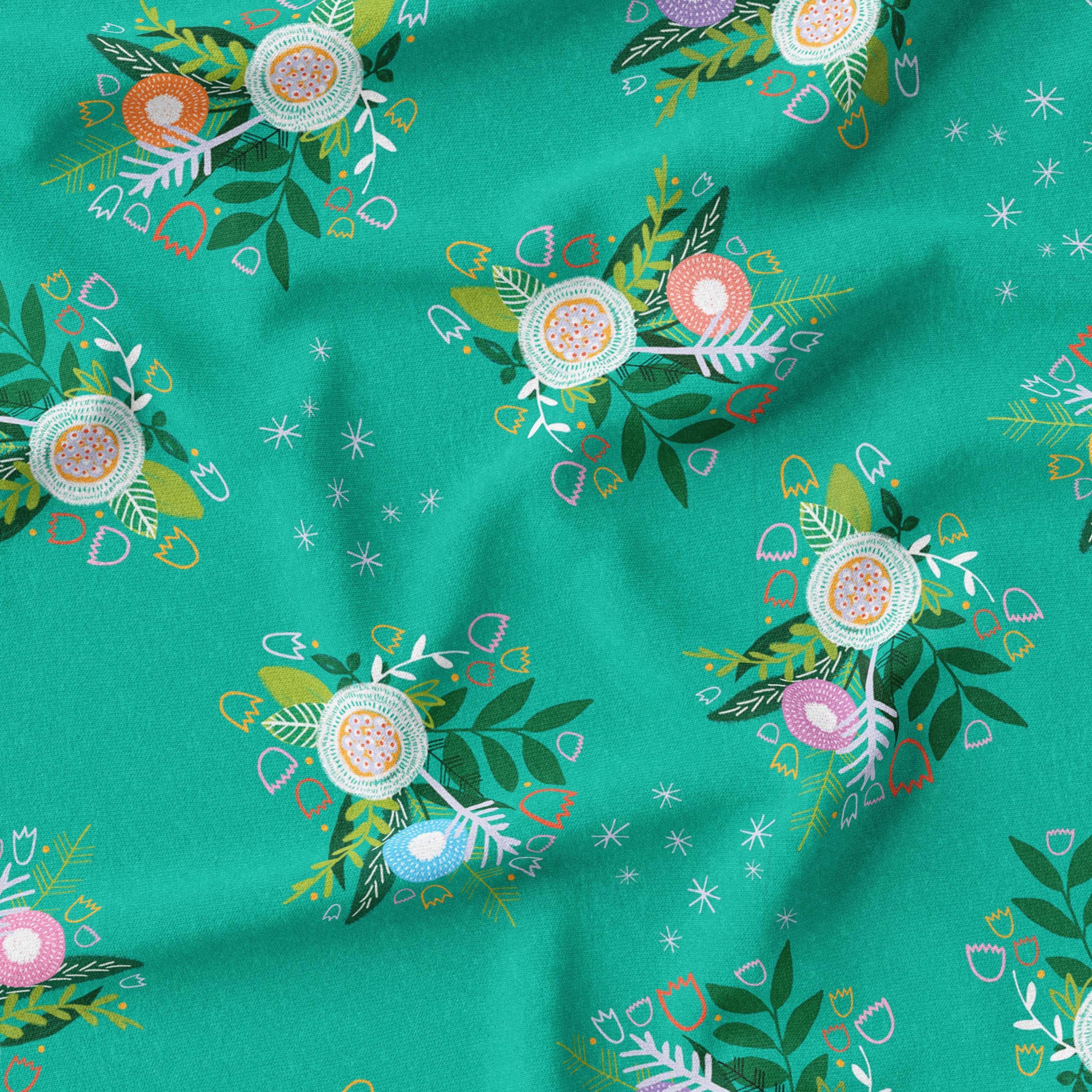 Green floral fabric with a vibrant Shelley pattern, featuring intricate flowers and foliage against a lively green backdrop.